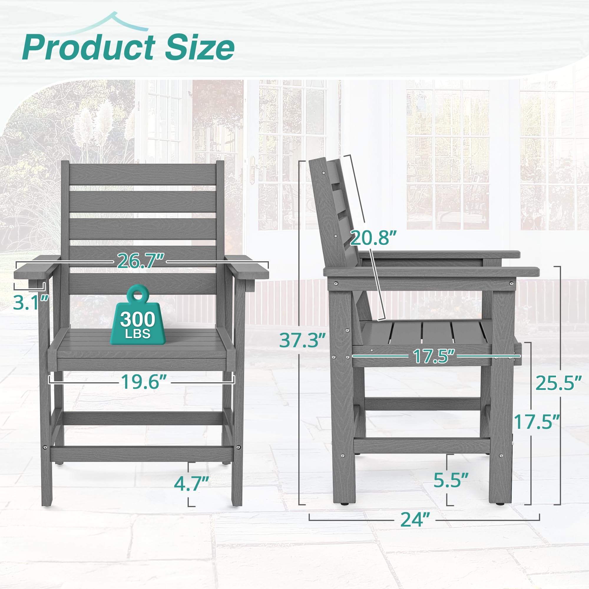 2-Pack HDPE Weather-Resistant Outdoor Dining Chairs with Armrests - Heavy Duty Patio Chairs for Backyard, Deck, Porch & Balcony - 18