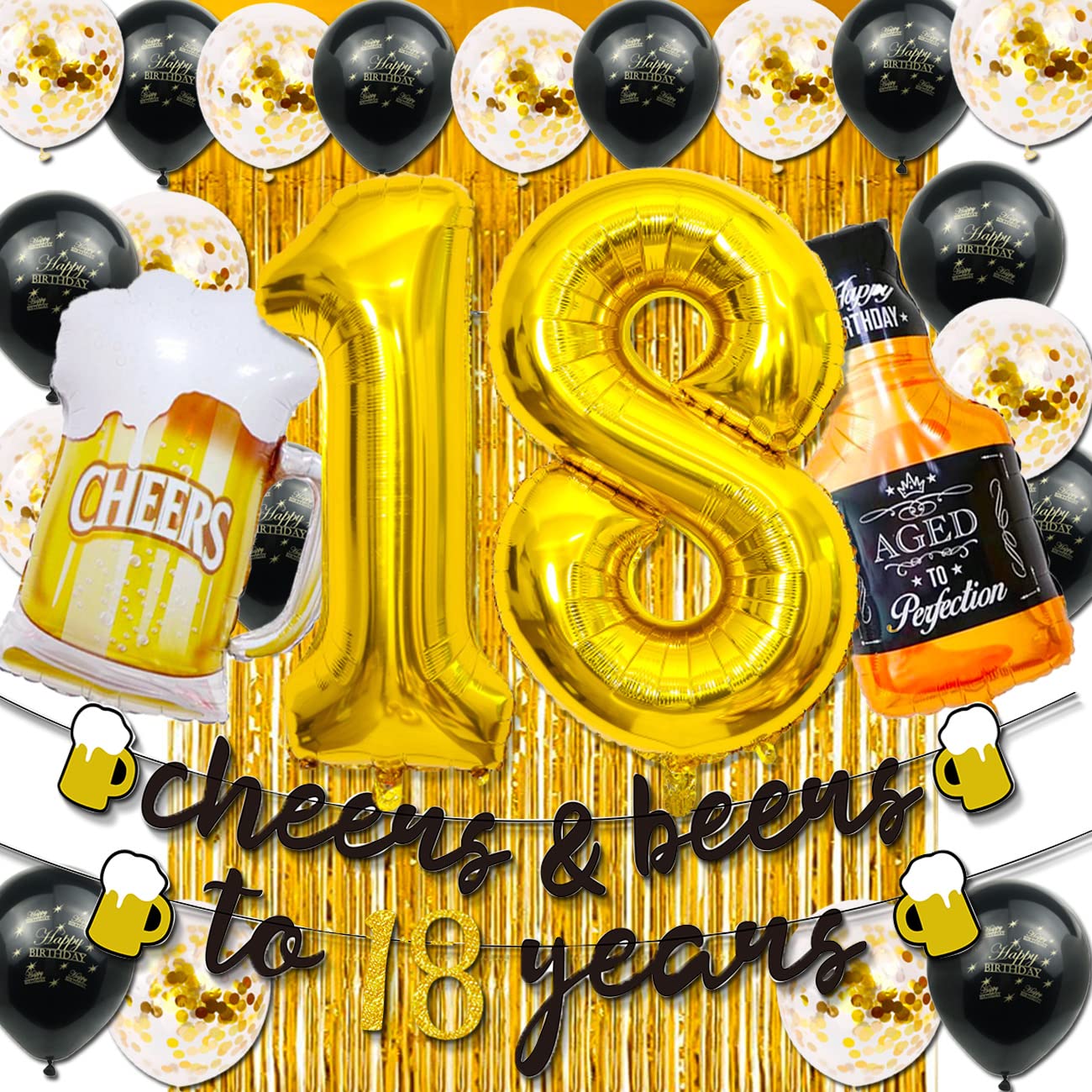 18th Birthday Party Decorations for Boys - 40 Inch Gold Number 18 Balloons, Cheers to 18 Years Banner, Fringe Curtains & Foil Cup Balloons Set - Perfect for Teen Birthday Celebrations, Graduation Parties & Milestone Events