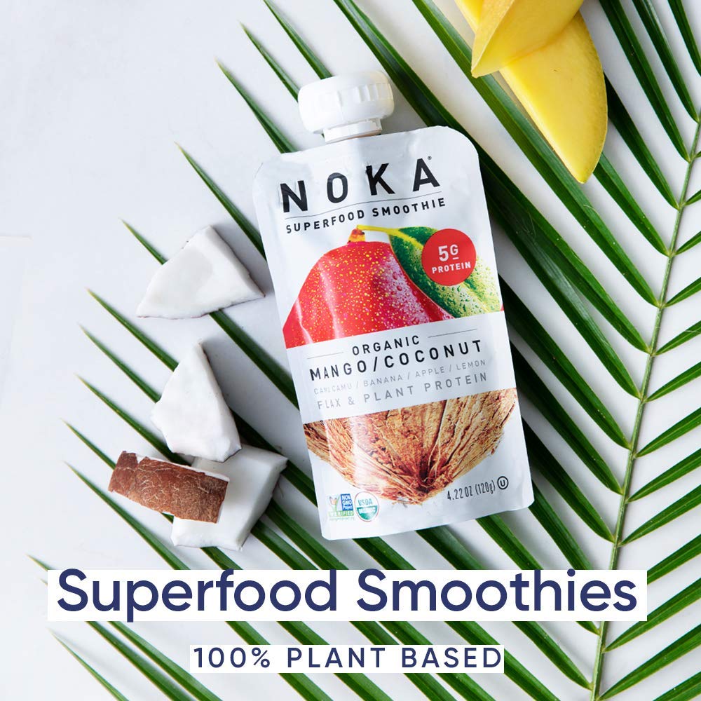 Organic Mango Coconut Superfood Smoothie Pouches - 100% Vegan, Gluten Free, Non-GMO Fruit & Veggie Blend with 5g Plant Protein, 4.2 Oz (Pack of 6) - Perfect for Kids Lunchboxes, Post-Workout Recovery & Healthy On-the-Go Snacking