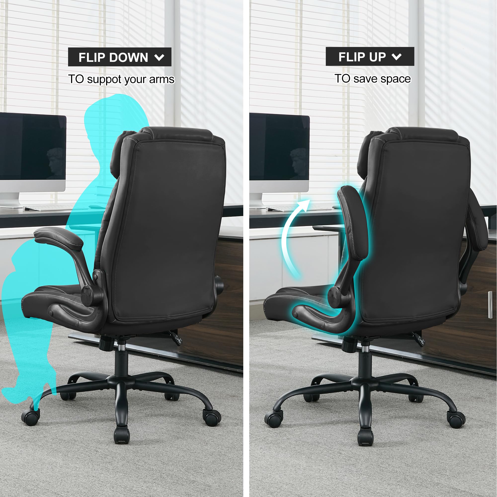 Ergonomic Mid Back Executive Leather Office Chair - Adjustable Flip-Up Arms & Rocking Function - Comfortable Computer Desk Chair for Home & Office Workspace (Black) - Perfect for Long Hours of Work, Gaming, and Video Conferencing