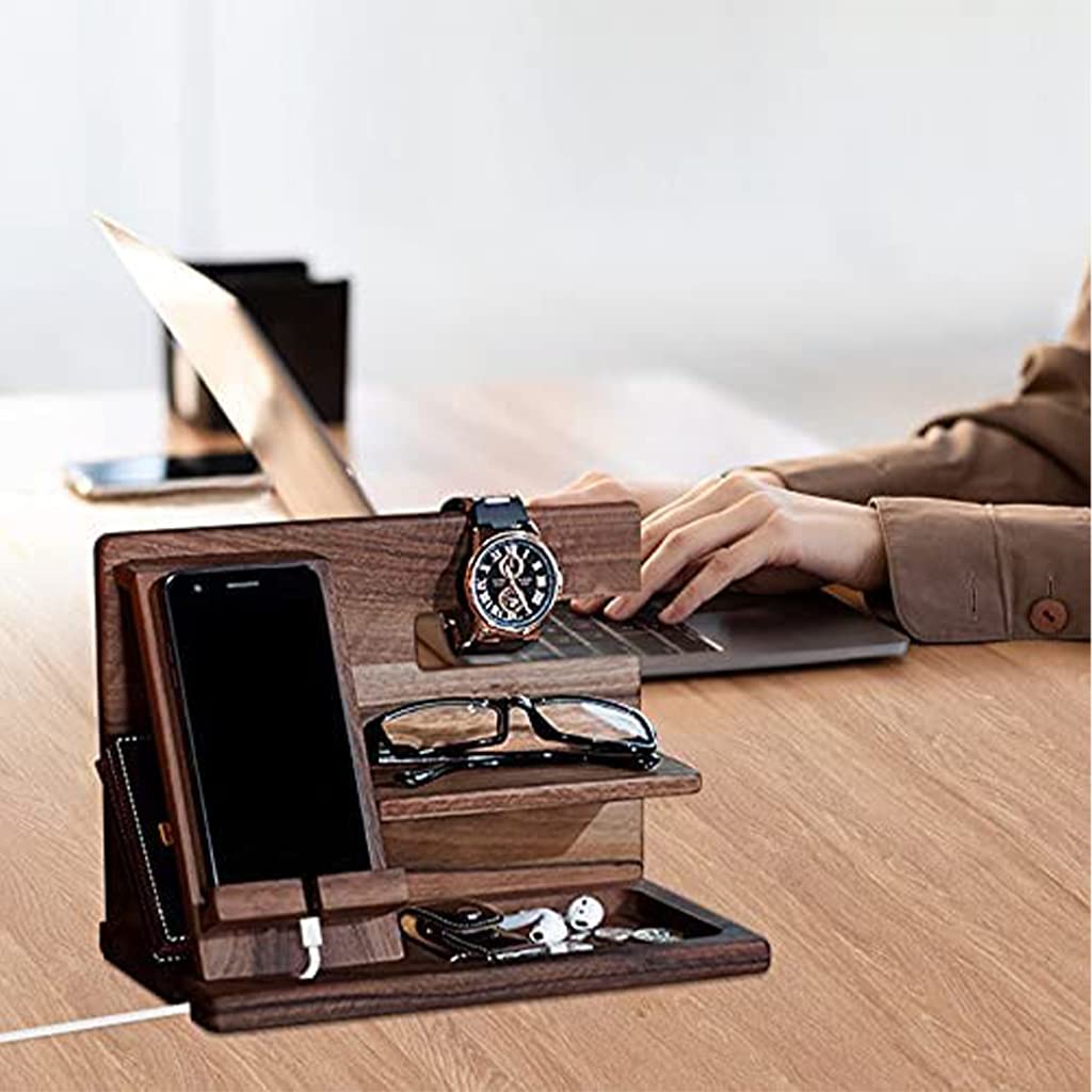 Wooden Bedside Organizer - Phone Holder, Docking Station, Wallet Stand, Watch & Glasses Storage Box for Nightstand | Desk Display Organizer for Home & Office | Perfect Gift for Men - Keep Essentials Organized in Style