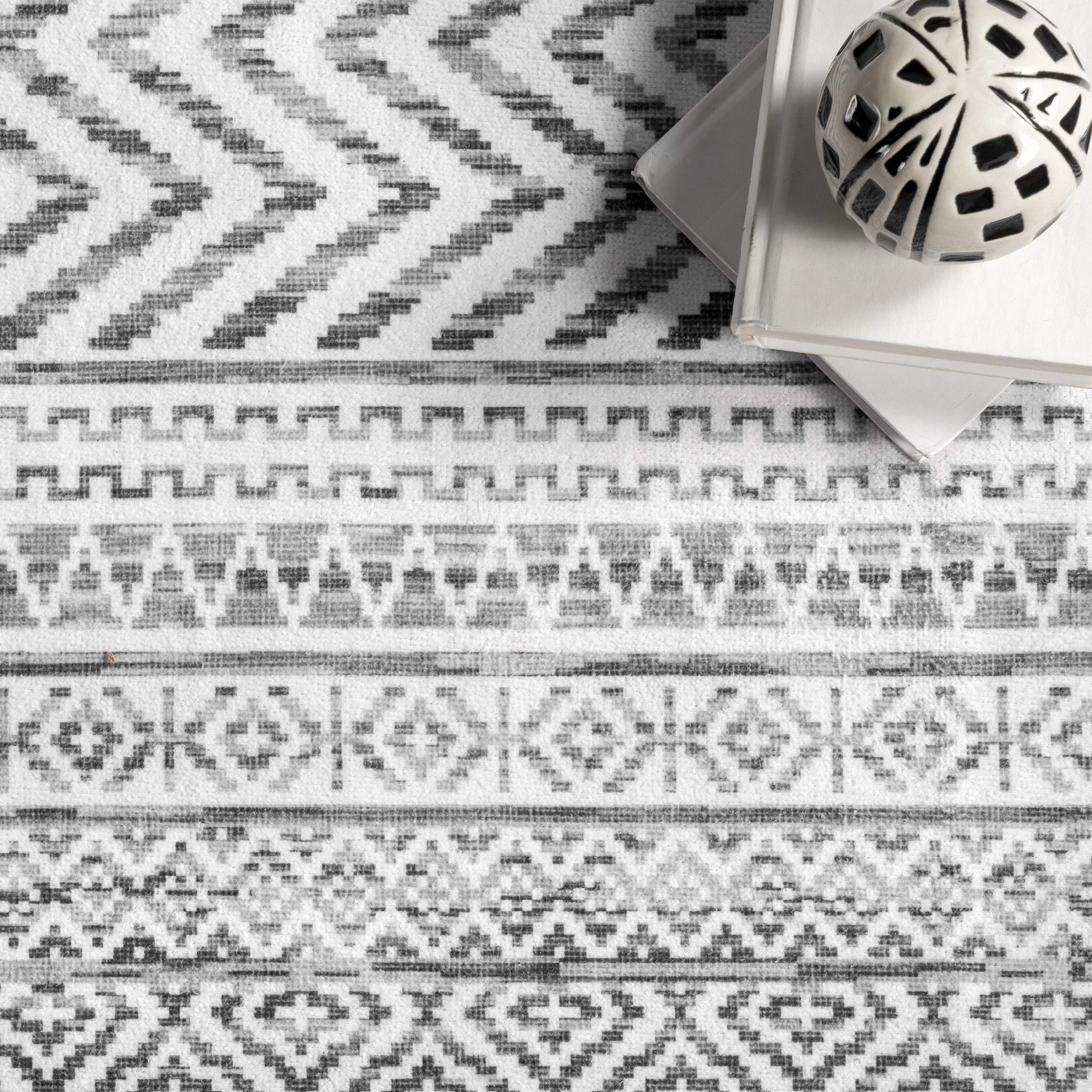 nuLOOM Kira Washable Tribal Geometric Ultra Thin Area Rug 7x9 Feet Grey - Perfect for Living Room, Bedroom, or Office Decor