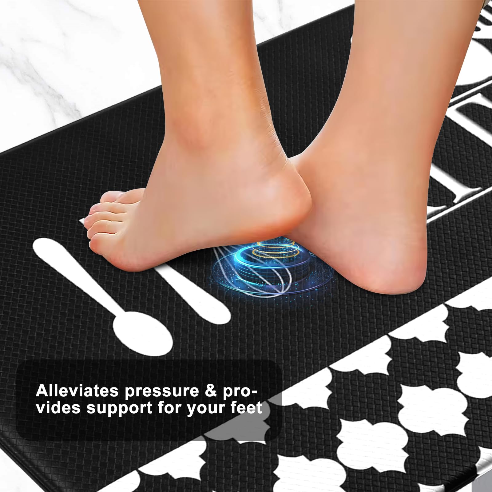 Non-Slip Waterproof Kitchen Rugs - Cushioned Black & White Floor Mats (17.3