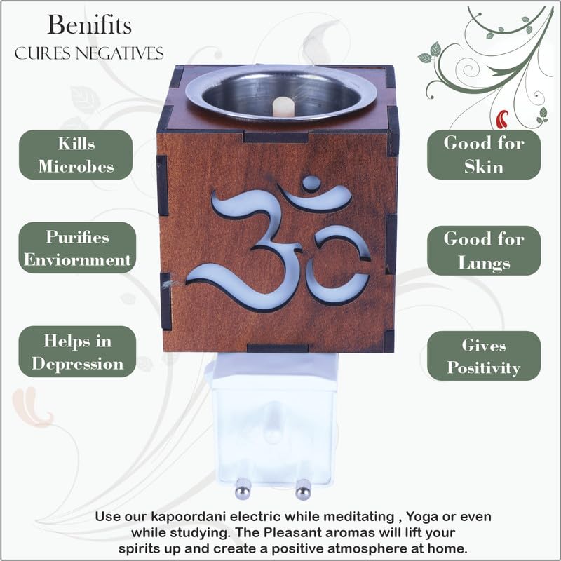 Electric Incense Holder & Aroma Diffuser with Light - Wooden Kapoor Dani for Home & Office | On/Off Switch | Perfect for Meditation, Yoga, Relaxation & Aromatherapy (KD 28)