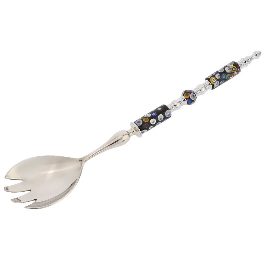 Venetian Murano Glass Salad Fork - Handcrafted Black Millefiori Italian Art Glass Flatware for Fine Dining & Wedding Gifts