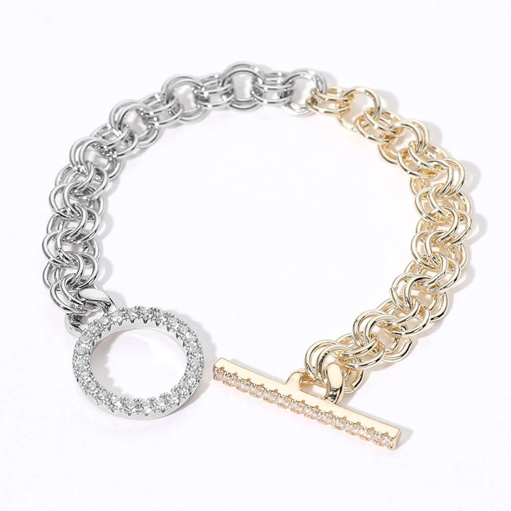 14K Gold Plated CZ Stone Two-Tone Toggle Bracelet for Women - Elegant Layered Jewelry for Parties, Date Night & Special Occasions