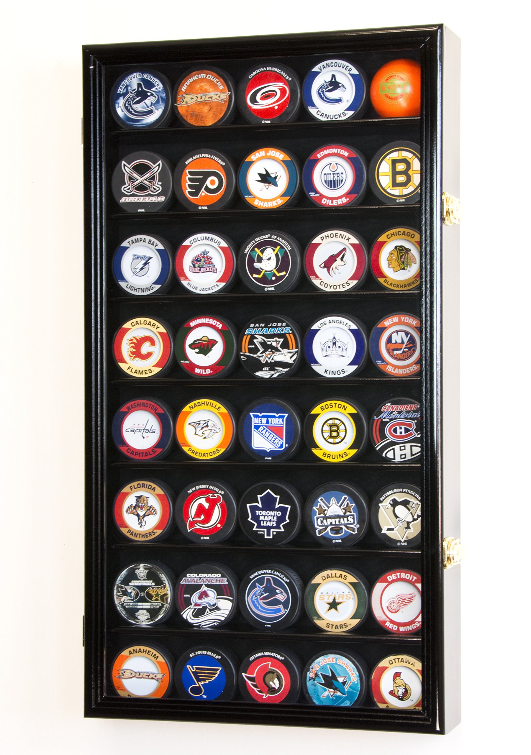 40 Slot Hockey Puck Display Case - UV Protection (98%) - Wall Mount or Tabletop Hockey Memorabilia Showcase for Collectors & Fans