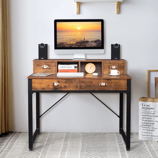 Vintage Wood Tabletop Black Steel Frame Computer Desk with 2 Small & 2 Large Drawers - 106x54x90cm Study Desk for Home Office & Workspace