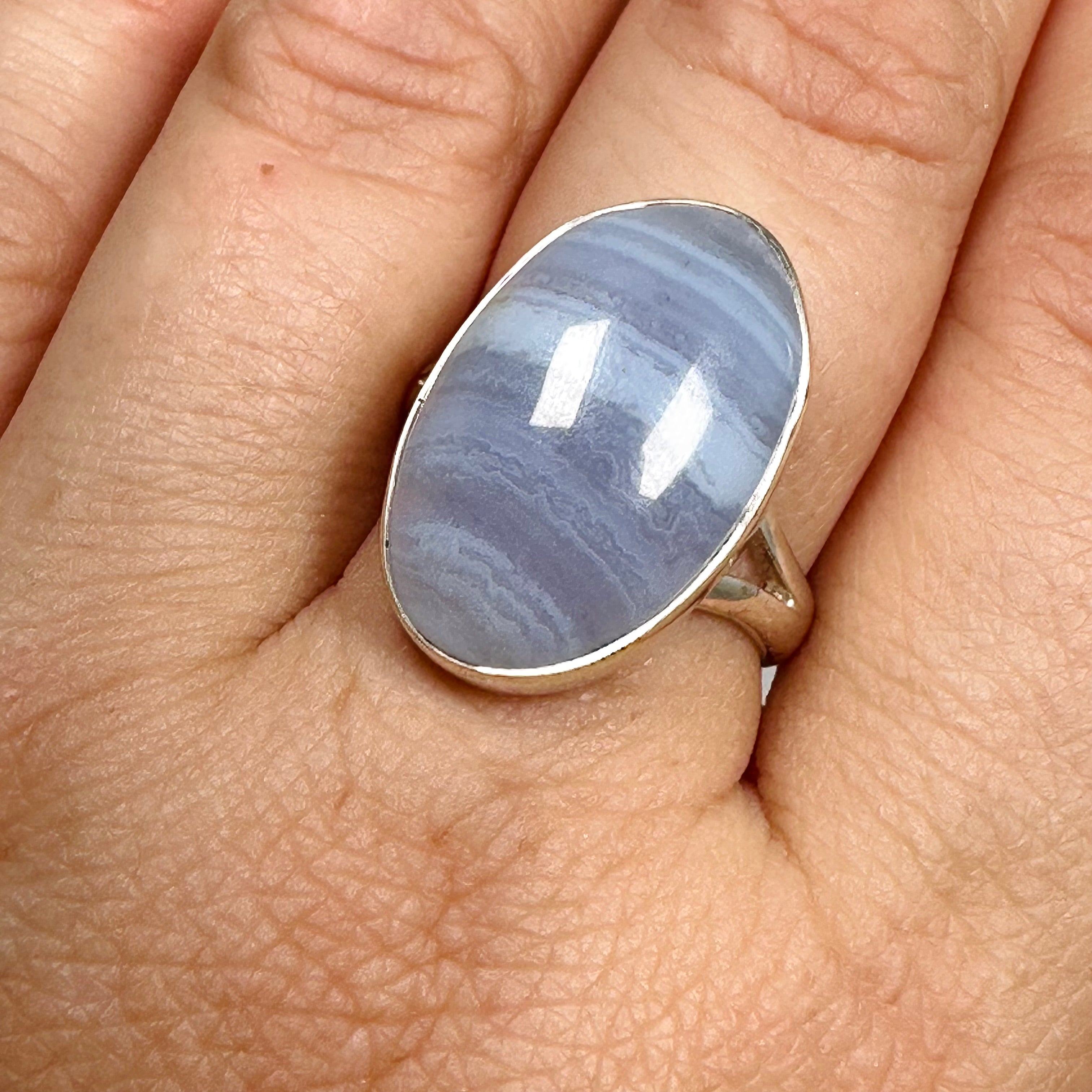 Blue Lace Agate Oval Cabochon Ring - Size 8 Sterling Silver Jewelry KRGJ3377 | Elegant Gift for Women, Bridesmaid Present, Boho Chic Accessory