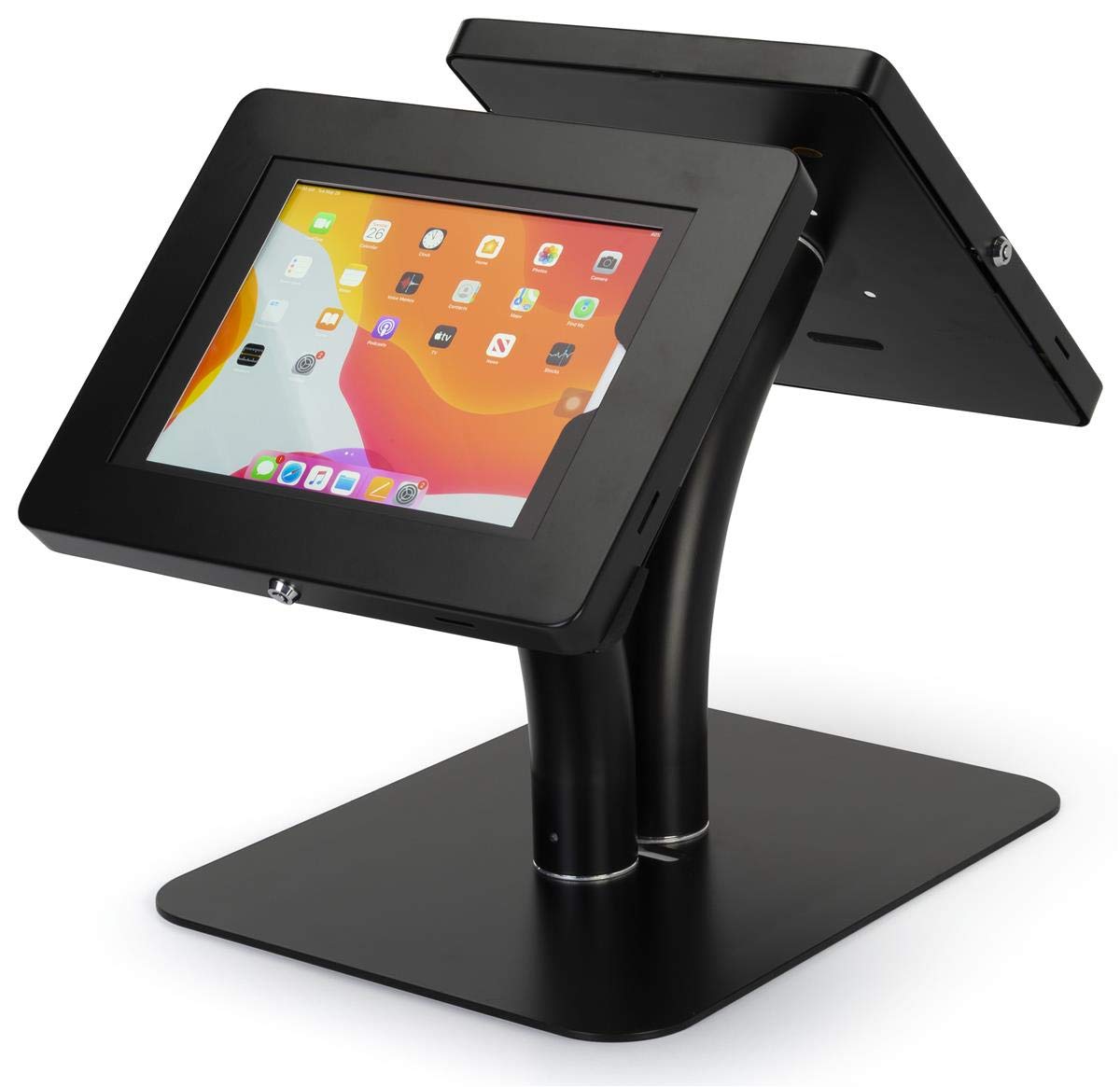 Dual Tablet Floor Stand with Locking Enclosure - Adjustable Countertop Mount for iPad & Android Tablets - Black (IPEVRFL2BK) - Perfect for Retail Stores, Restaurants & Interactive Kiosks