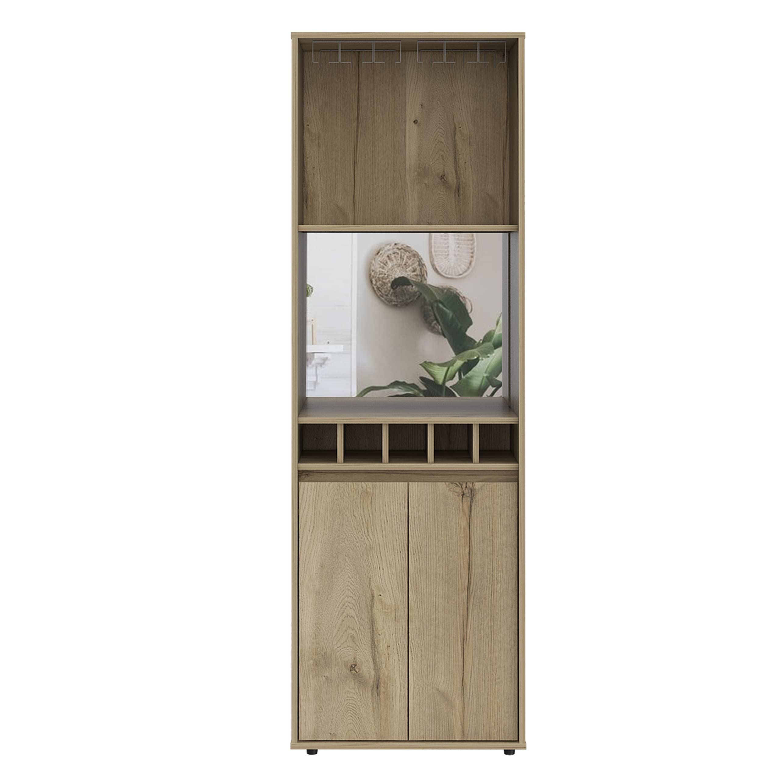 Redding Bar Cabinet with 2 Open Shelves & Double Doors - Light Oak Storage for Wine Bottles, Glassware & Liquor - Perfect for Home Bar, Dining Room or Entertainment Area
