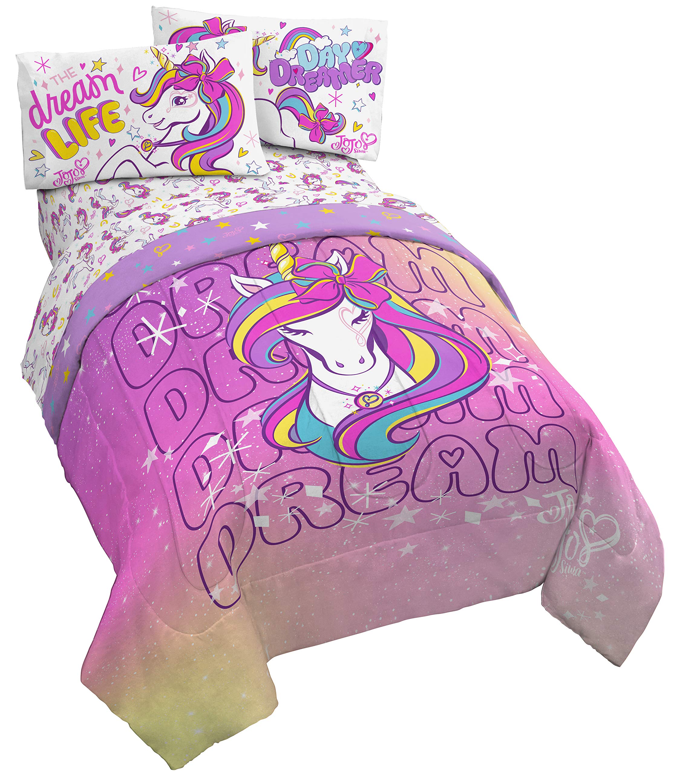 Jay Franco Nickelodeon JoJo Siwa Dream Unicorn 4-Piece Twin Bedding Set - Reversible Comforter & Sheet Set - Ultra Soft Fade Resistant Microfiber (Official Licensed Product) for Kids' Bedroom Decor & Sleepover Fun