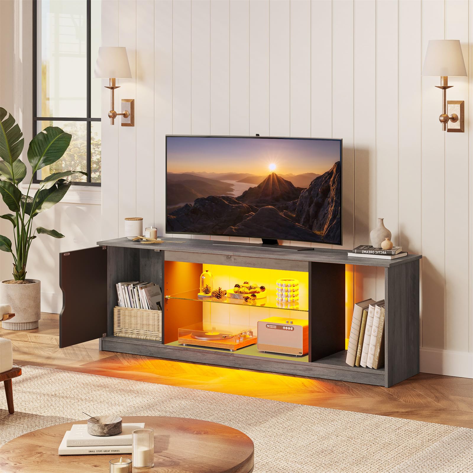 Bestier 57 Inch LED TV Stand for 55/60/65 Inch TVs - Modern Entertainment Center with Storage Cabinet for PS5, Xbox & Media Devices - Adjustable Glass Shelves - Grey Wash Finish - Perfect for Living Room & Bedroom Gaming Setup