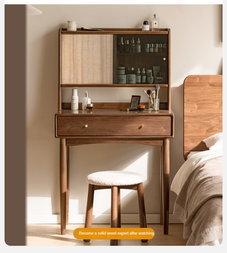 Solid Black Walnut Wood Mirror Dressing Table with Storage | Makeup Vanity Desk for Bedroom | Elegant Bedroom Furniture & Cosmetics Organizer