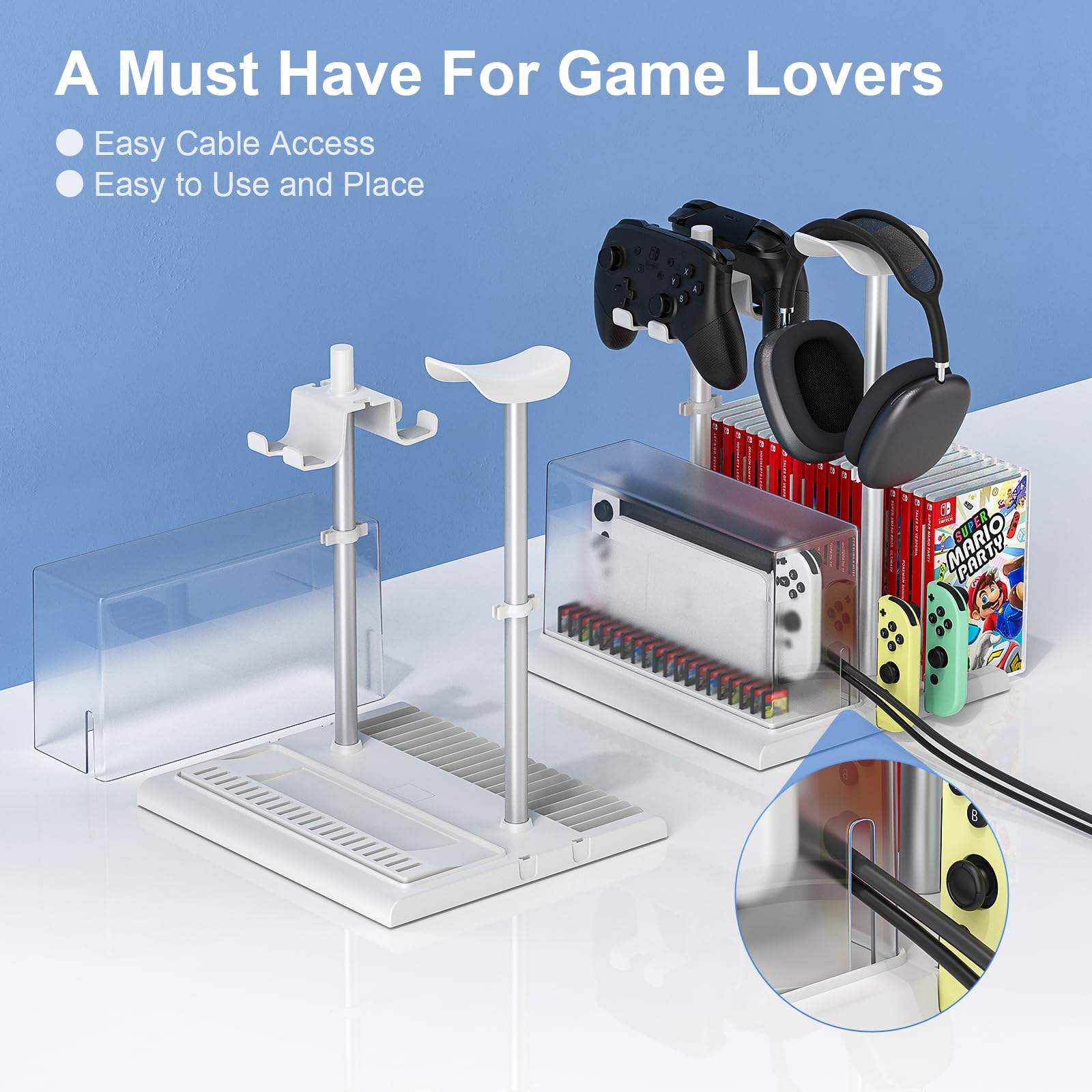 Nintendo Switch & OLED Stand with Controller & Headphone Holder - Switch Game Storage Organizer with Dust Cover for TV Dock - Perfect Gaming Accessories Gift for Gamers - Ideal for Bedroom, Living Room & Game Room Setup