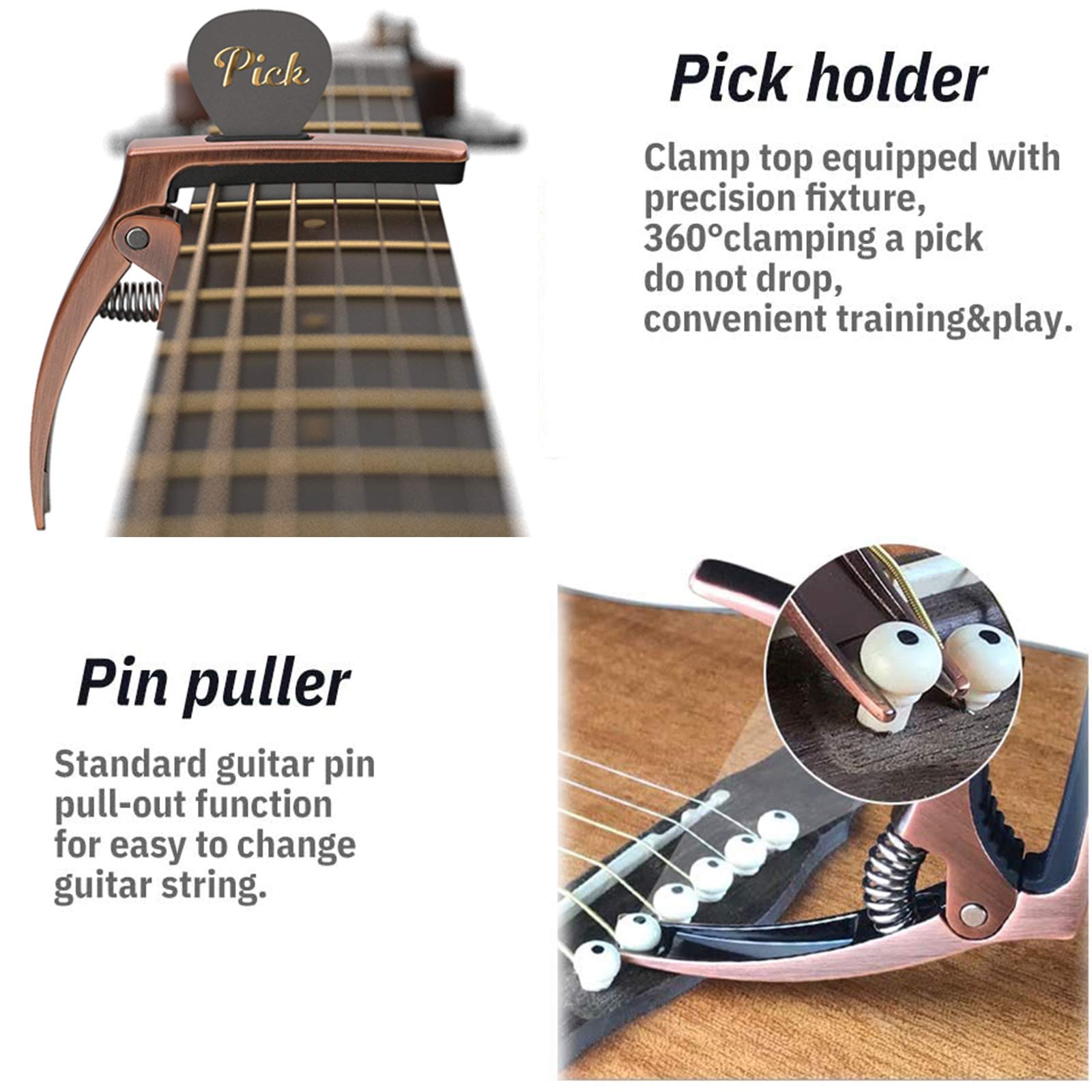 3 in 1 Guitar Capo for Acoustic & Electric Guitars with Storage Bag & Picks - Premium Bronze String Accessories - Perfect for Live Performances, Studio Recording & Practice Sessions