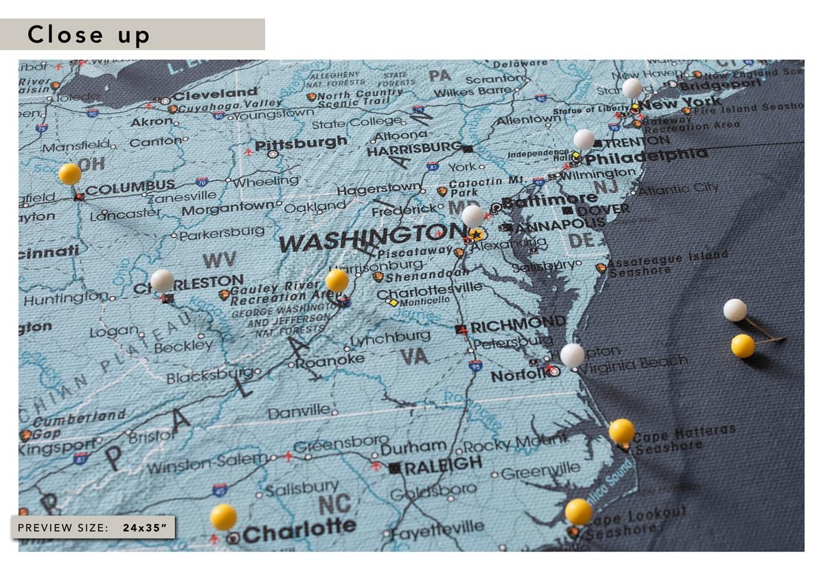 Detailed US Travel Map with Push Pins on Canvas - 35 x 24 Wall Art for Adventure Tracking | Perfect for Home Decor, Office, and Travel Planning