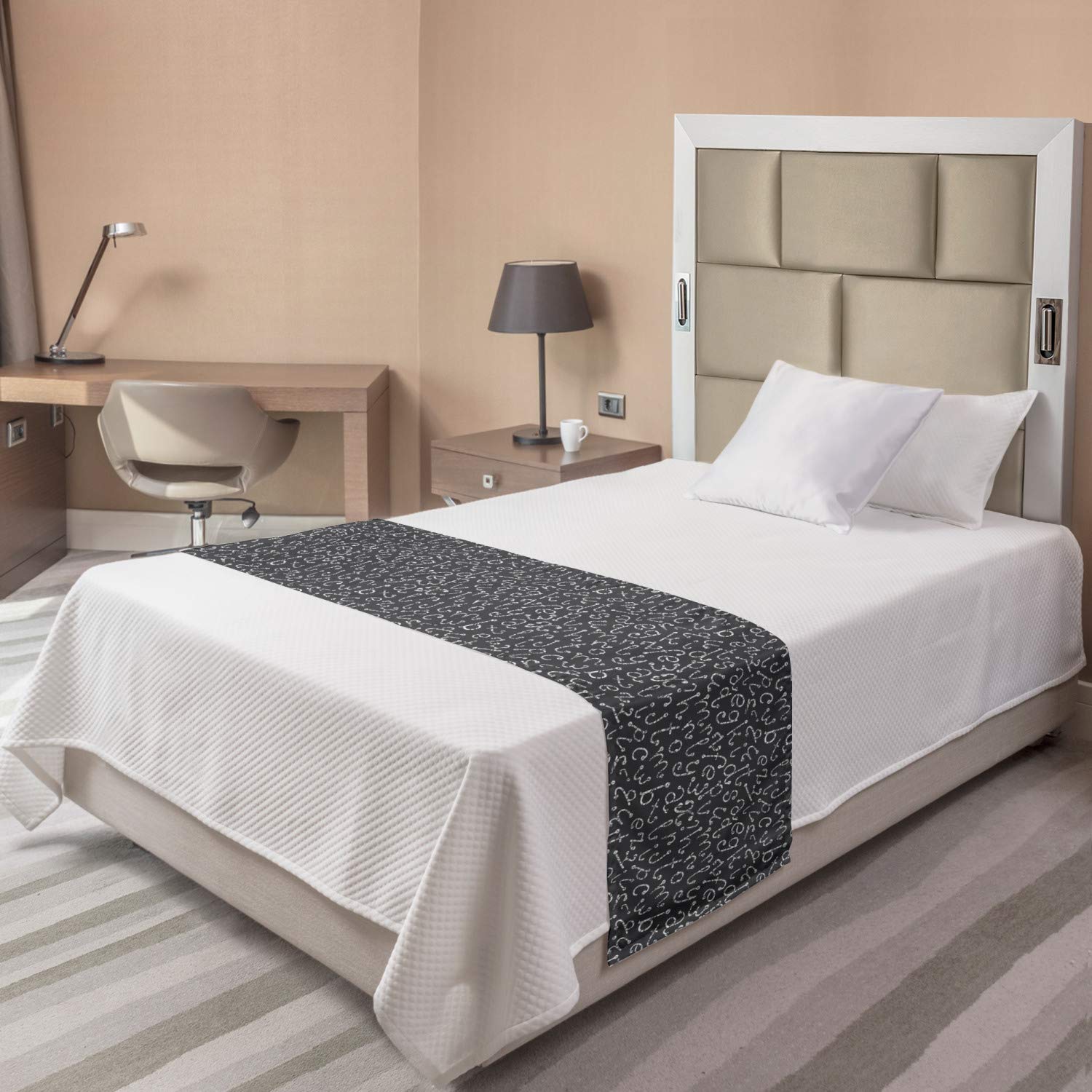 Ambesonne Alphabet Bed Runner - Grunge Lowercase Whimsical Letters Print Modern Design, Decorative Accent Bedding Scarf for Hotels, Homes & Guest Rooms in Dark Grey & White | Perfect for Bohemian Bedroom Decor, Wedding Guest Beds & Airbnb Styling