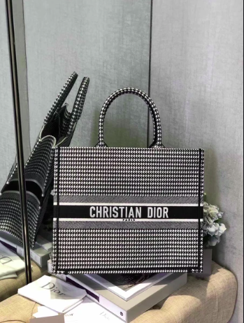 Dior Book Tote Bag - White & Black Embroidered Canvas Houndstooth Pattern Luxury Handbag for Women | Perfect for Work, Travel & Everyday Use