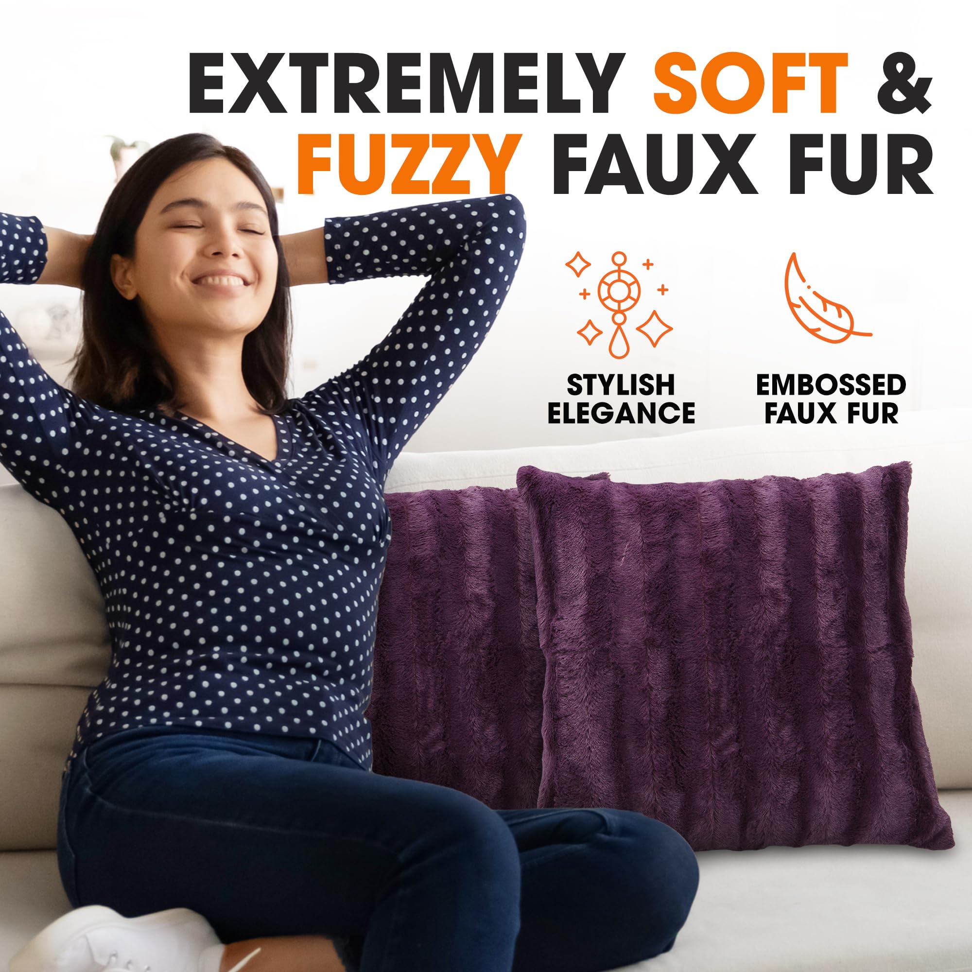 Luxury Faux Fur Throw Pillows Set of 2 - 24x24 Inch Soft Decorative Couch & Bed Pillows, Purple Accent Pillows for Living Room & Bedroom Aesthetic - Cozy Home Decor for Sofa, Lounge & Reading Nook