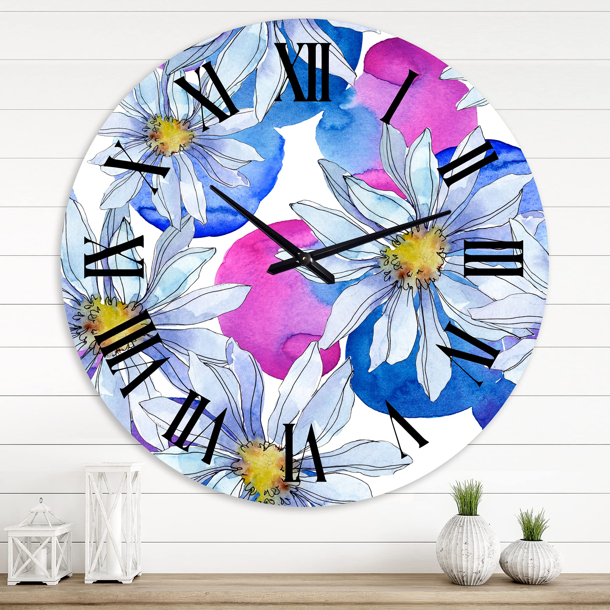DesignQ Traditional Wall Clock 'Daisies with Green Leaves I' - Large Floral Botanical Wall Clock for Kitchen, Living Room, Bedroom Decor | Perfect for Home, Office & Farmhouse Style