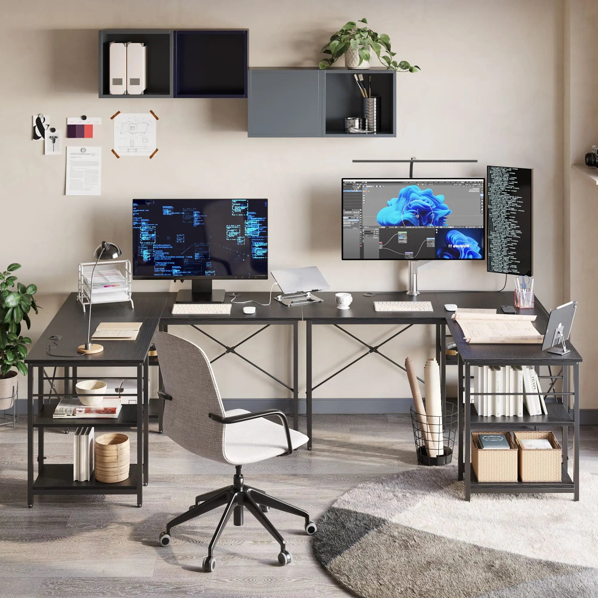Bestier 86 Inch L-Shaped Computer Desk for Two - Home Office Gaming & Workstation with Large Workspace - Perfect for Couples, Roommates & Small Spaces