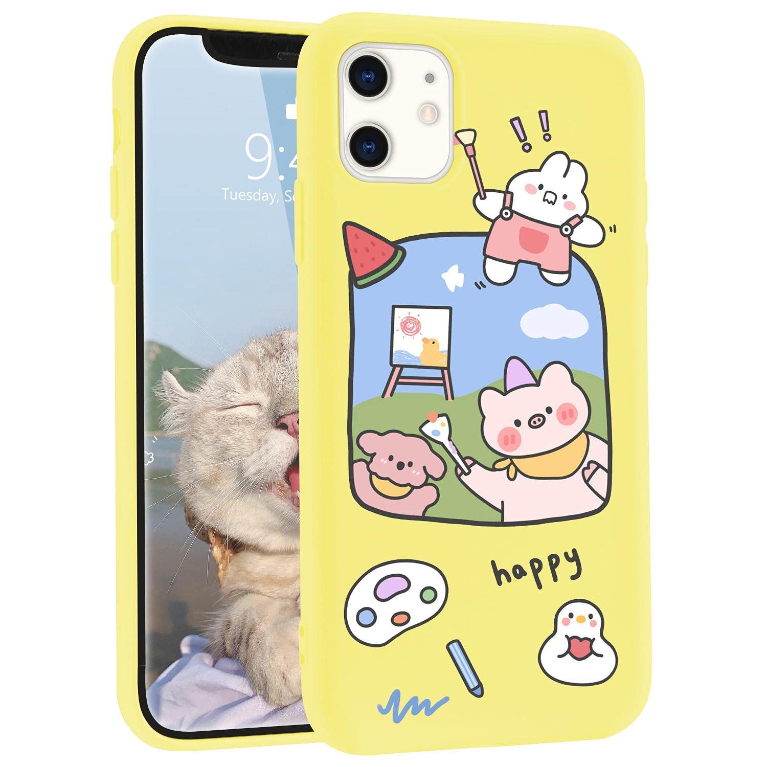 Cute Cartoon Animal iPhone 7 Plus & 8 Plus Case - Kawaii Painter Yellow Liquid Silicone Soft Gel Rubber Phone Cover for Women & Girls - Perfect for Daily Use, School & Work Protection