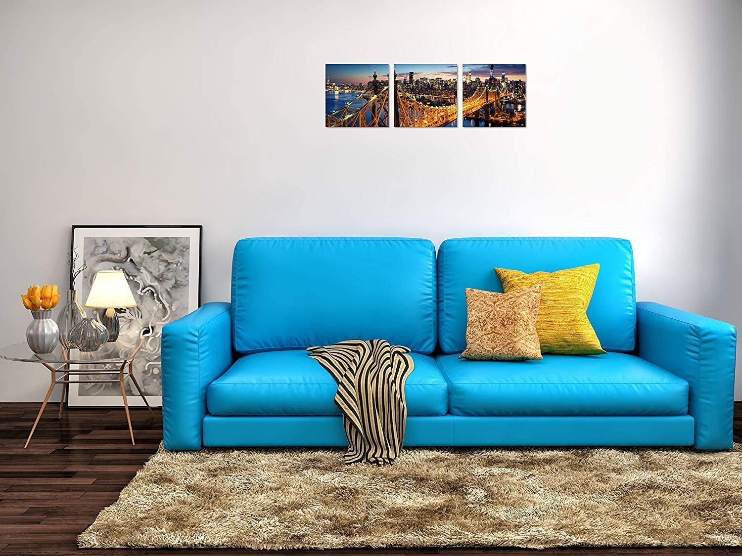 TutuBeer 3-Panel New York Skyline Wall Art - NYC Canvas Painting with Manhattan Sunset & Bridge Night View - Stretched & Framed Cityscape Decor for Living Room, Bedroom, or Office