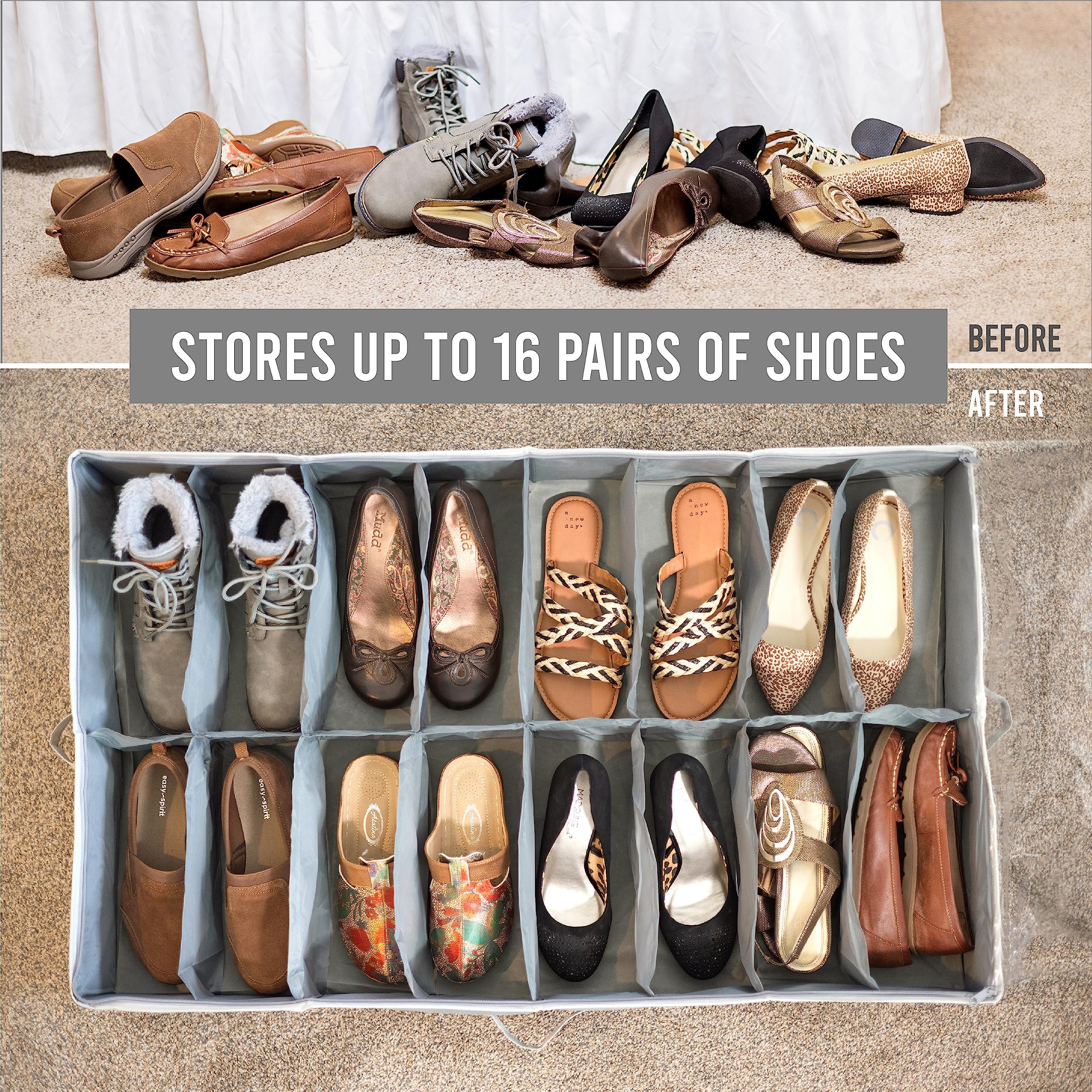 Under Bed Shoe Storage Organizer - Heavy Duty 600D Tear-Resistant Fabric - Holds Up to 16 Pairs of Men's & Women's Shoes - Extra Strong Zipper Closure - Space Saving Grey Shoe Box - Perfect for College Dorms, Small Apartments & Closet Organization
