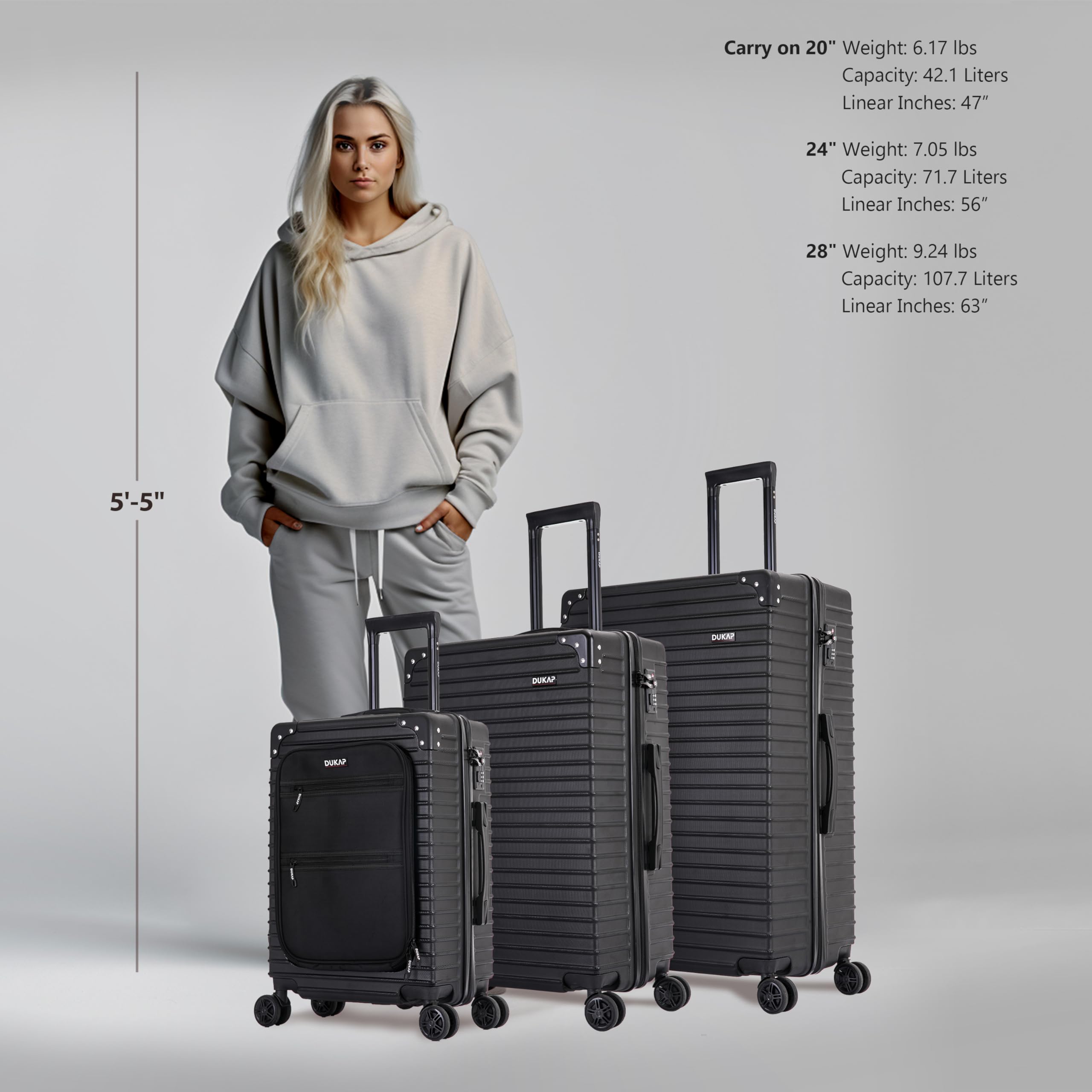 DUKAP TOUR 3-Piece Hardside Spinner Luggage Set with TSA Lock - 20/24/28 Inch Expandable Suitcases for Travel, Black | Perfect for Business Trips, Family Vacations & International Travel
