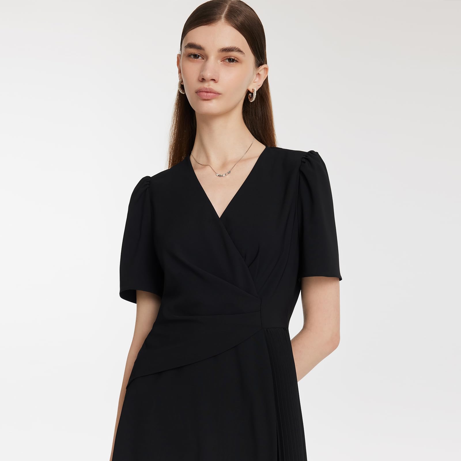Women's Summer Black Mini Dress - Casual V-Neck Short Sleeve Patchwork Pleated A-Line Dress for Wedding Guest, Party, Date Night & Vacation | Flattering Fit for All Occasions