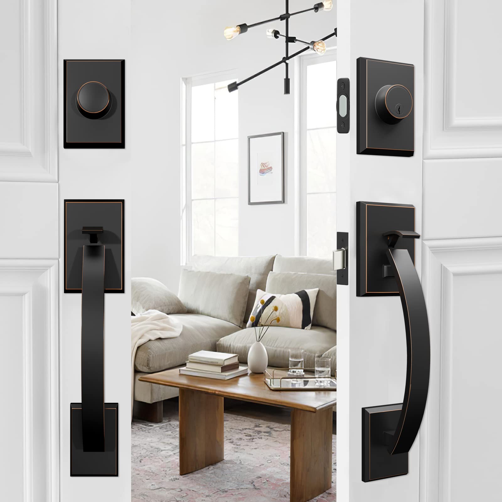 Oil-Rubbed Bronze Double Front Door Handle Set with Lever - Dummy Lock Included for Enhanced Security - Perfect for Front Doors, Office Doors & Commercial Entrances