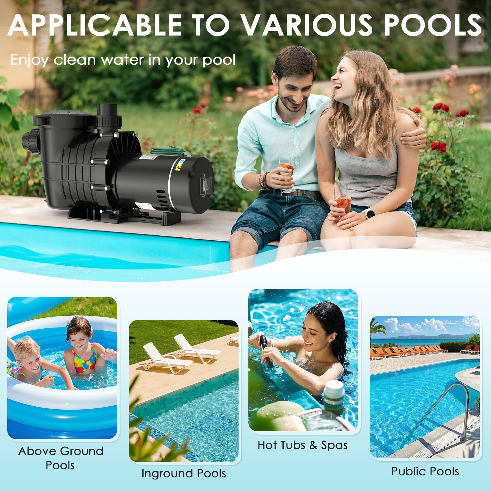 Seeutek 2.0 HP 6900 GPH Swimming Pool Pump - Self Priming for Above Ground & Inground Pools, Dual Voltage 110V/220V, 60Hz Silent Operation with Strainer Basket - Perfect for Backyard, Residential & Commercial Pool Maintenance