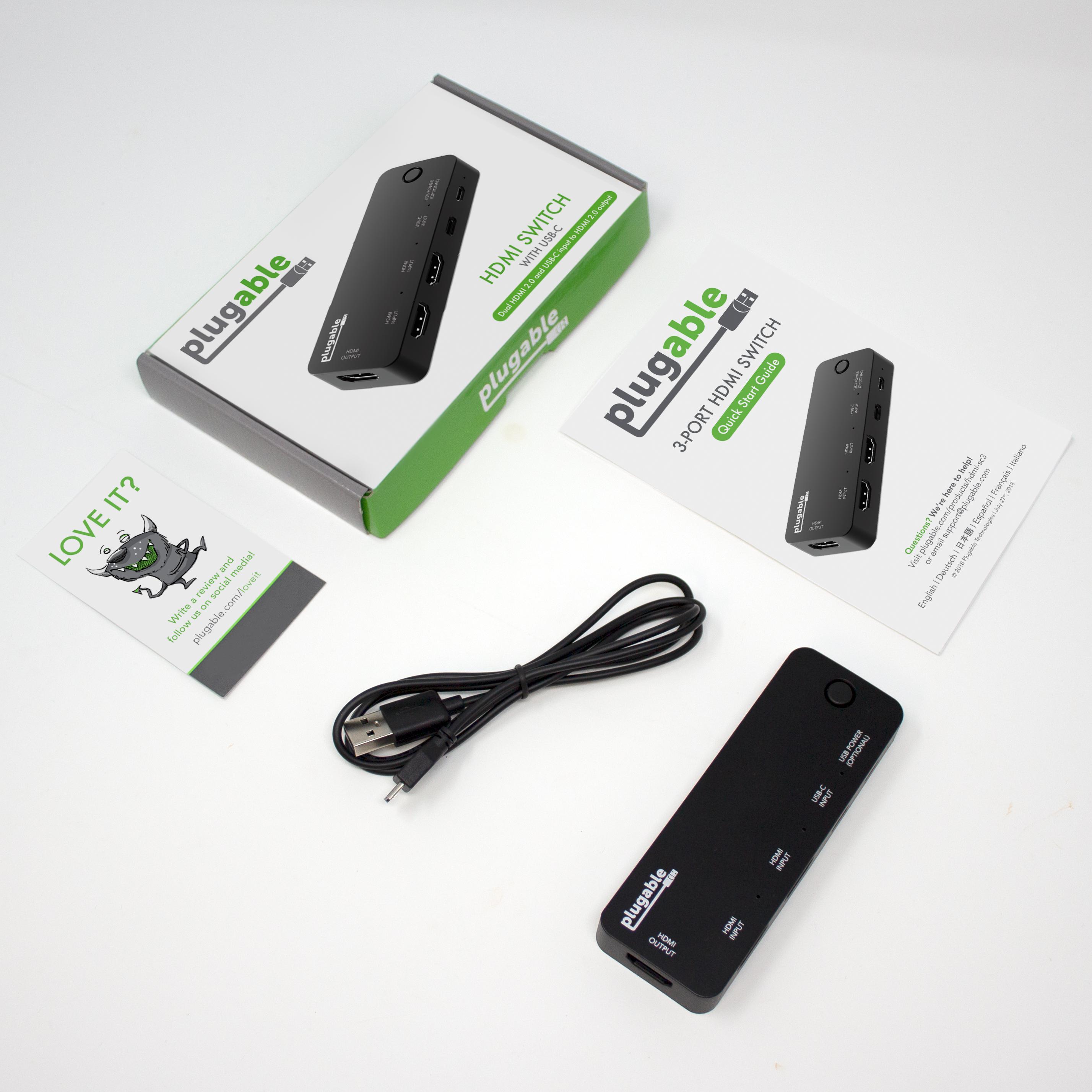 Plugable 4K HDMI Switch with USB-C Power - 3 Port HDMI Switcher for TV, Monitor, Gaming Console & Home Theater Setup