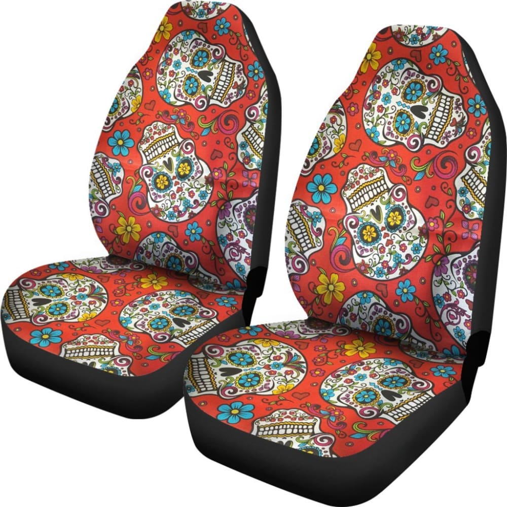 2 Pcs Sugar Skull Car Seat Covers - Halloween Dia de Los Muertos Decor - Universal Fit for Cars, Trucks & SUVs - Perfect for Halloween Parties, Mexican Themed Events & Day of the Dead Celebrations
