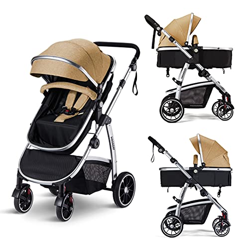 HAGADAY Lightweight Baby Stroller with Reversible Seat & Adjustable Canopy - Newborn to Toddler Travel System with Bassinet - Perfect for Shopping, Travel & Daily Walks (Beige)