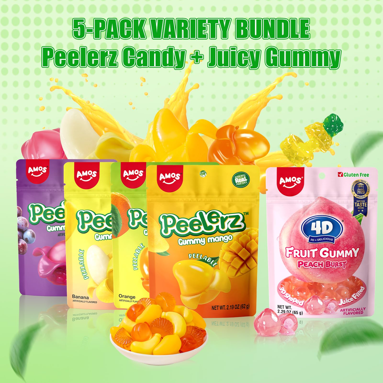 AMOS Peelerz Gummy Variety Pack - 5 Pack Assorted Fruit Flavors (Mango, Grape, Orange, Banana) | Peelable Candy for Kids & Adults | Perfect for Birthday Parties, Halloween Treats & Snack Time