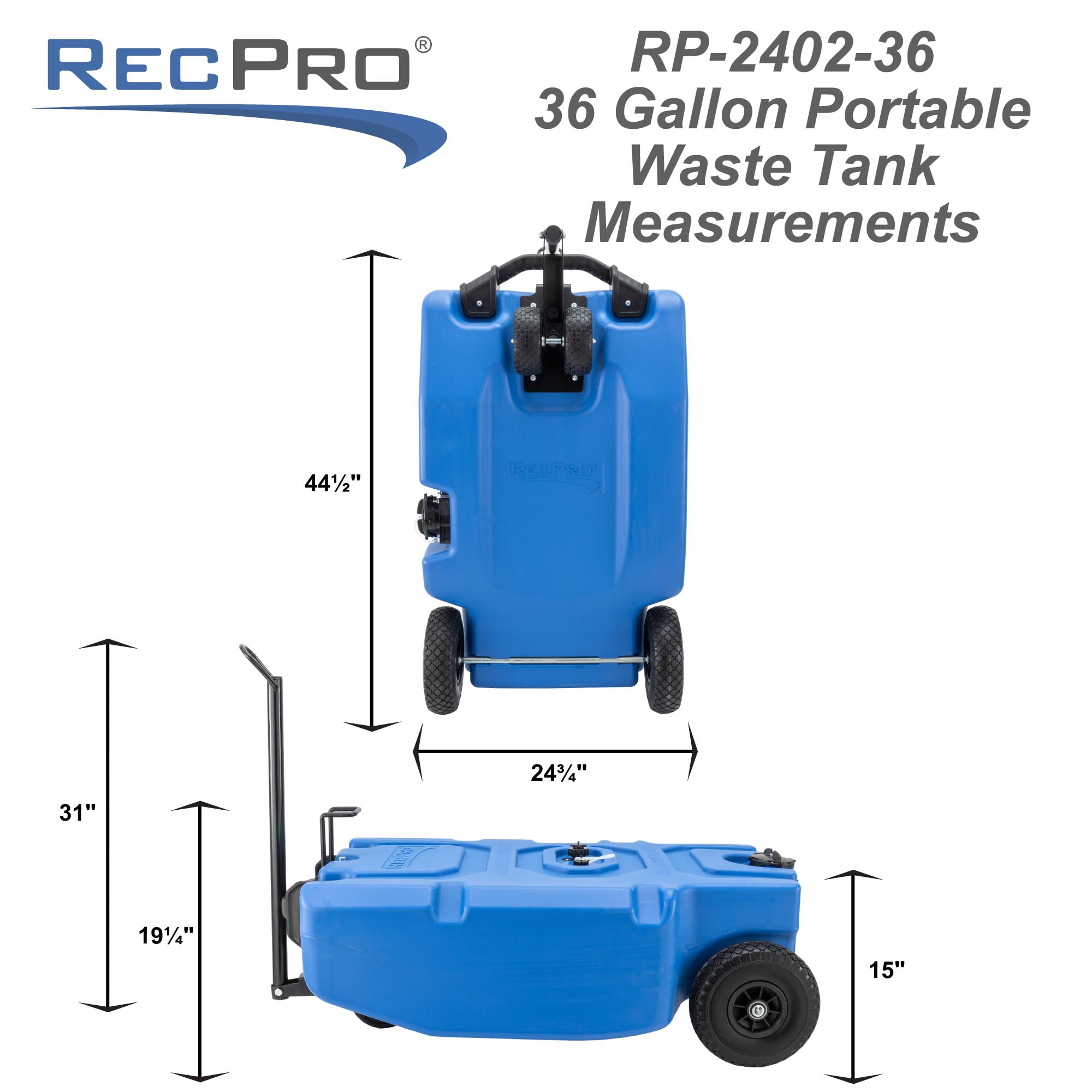 RecPro RV 36 Gallon Portable Waste Tank with Airless No-Flat Tires - Blue RV Waste Holding Tank with Capacity Indicator & Included Gloves - Perfect for Camping, RV Trips & Off-Grid Living