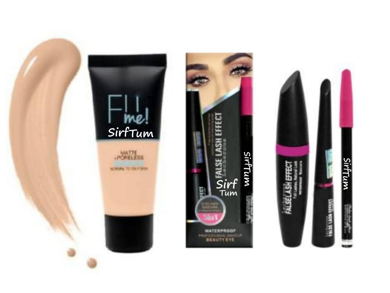 SIRF TUM 7 Beauty Fii Me Matte+Poreless Liquid Foundation - Natural Finish Long Lasting Makeup with Kajal Eyebrow Pencil, Eyeliner & Mascara (4-Piece Combo) - Perfect for Daily Wear, Party & Special Occasions