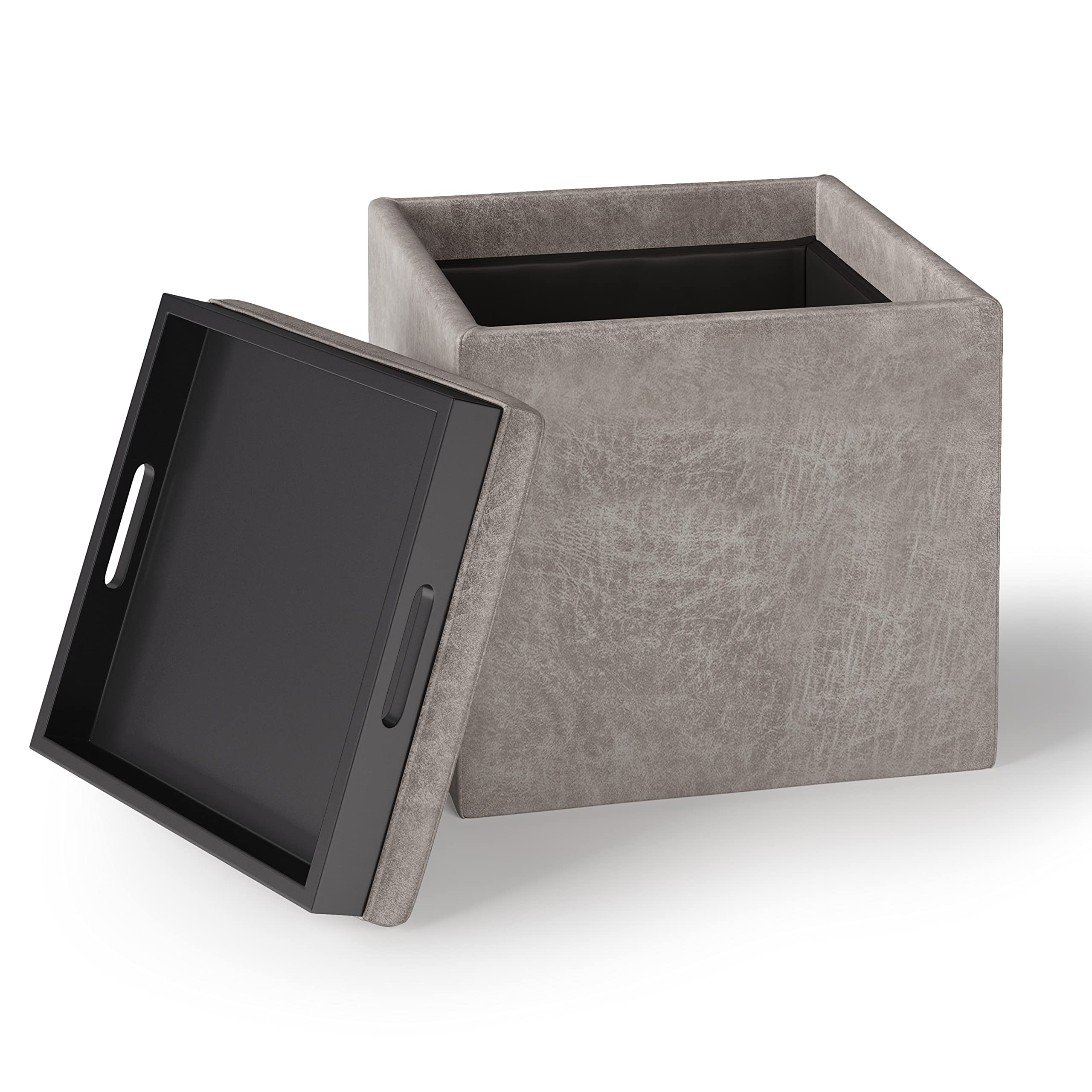 SIMPLIHOME Rockwood Wide Square Cube Storage Ottoman with Tray - 18 Inch, Taupe Vegan Faux Leather, Distressed Grey - Modern Living Room, Entryway & Family Room Furniture for Home Organization & Extra Seating