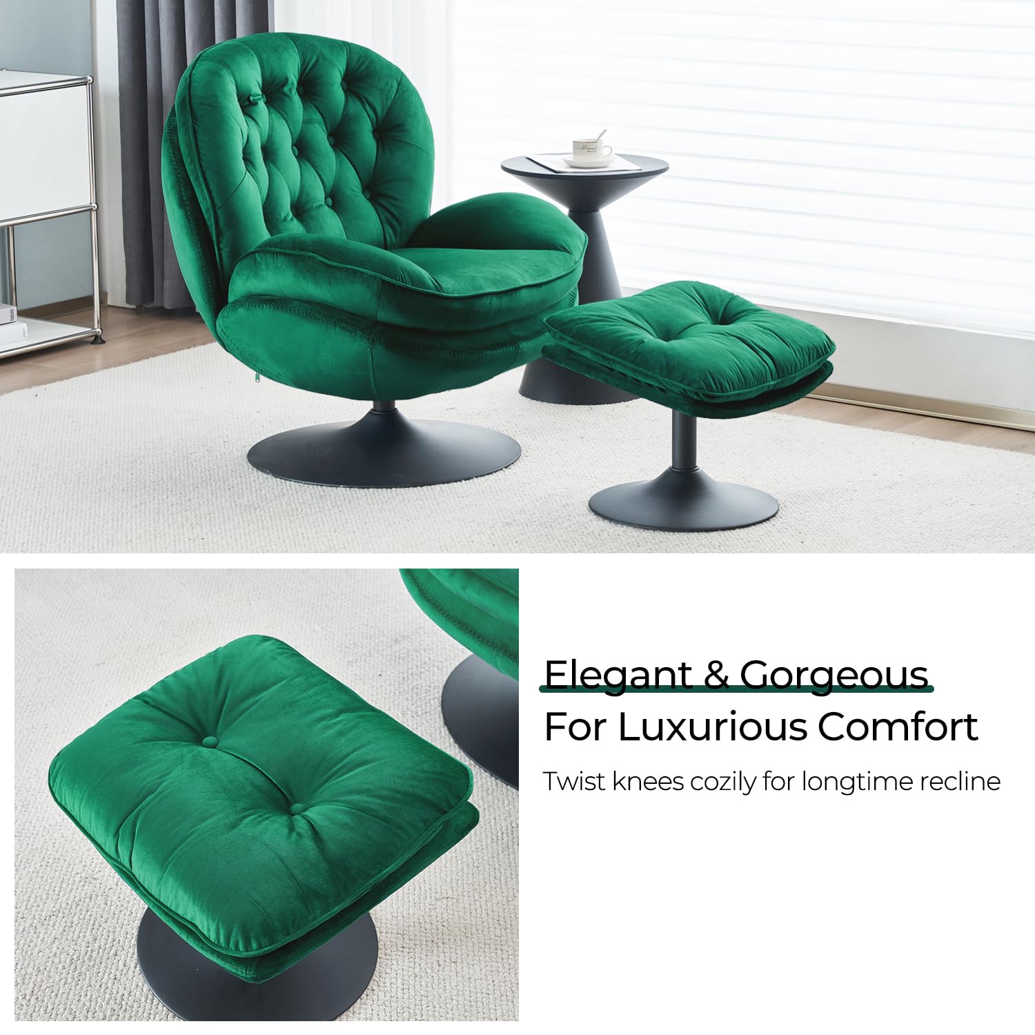 Velvet Swivel Accent Chair with Ottoman Set - Modern Tufted Armchair with Footrest for Living Room & Bedroom - 360 Degree Swiveling Lounge Chair for Adults - Comfortable Reading & TV Watching Chair - Green Velvet Upholstery - Perfect for Relaxing, Entertaining & Small Space Decor