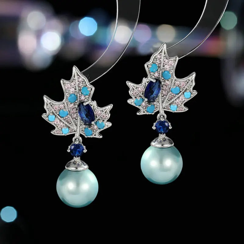 Shiny Crystal Cubic Zirconia Maple Leaf Pearl Earrings for Women | Bridal Wedding Jewelry Accessories | Perfect for Bridal Shower, Anniversary Gifts & Special Occasions LYH069