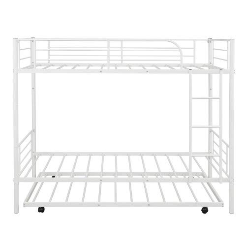 Twin-Over-Twin Metal Bunk Bed with Trundle, Ladders & Safety Rails - Converts to 2 Separate Beds, No Box Spring Required (White) | Perfect for Kids' Rooms, Guest Rooms & Small Spaces