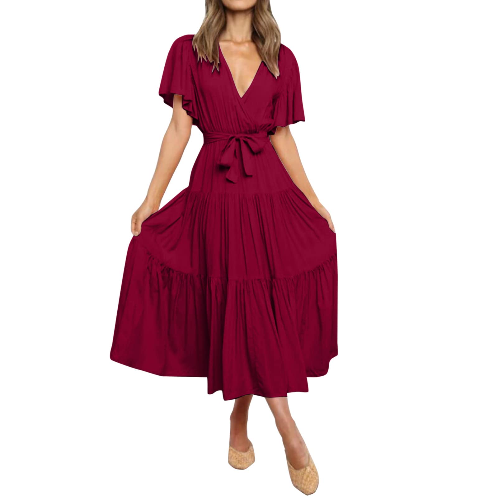 Boho Beach Sleeveless Ruffle Tiered Midi Dress for Women - Summer Flowy Party Skater Dress, Perfect for Beach Vacations, Outdoor Weddings & Date Nights