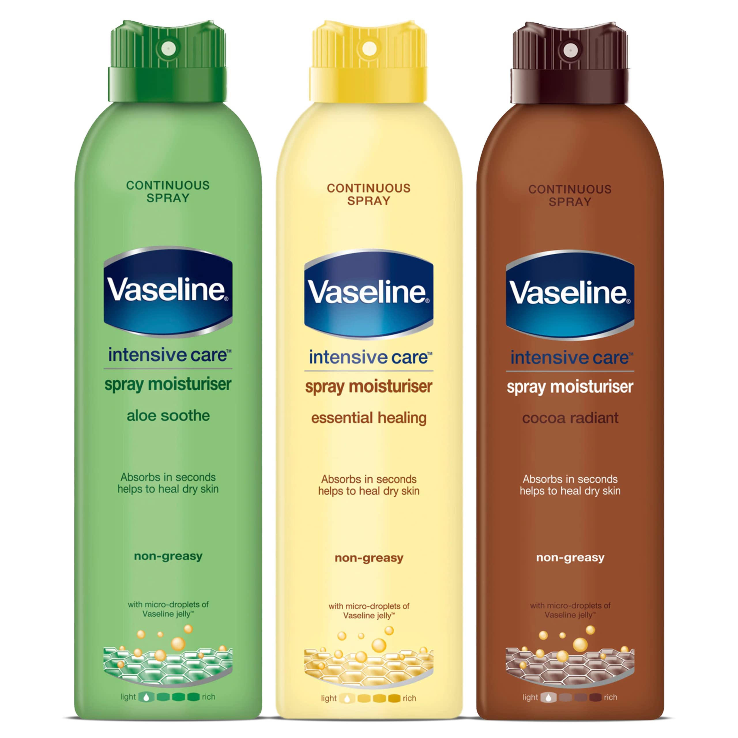 Vaseline Spray Moisturizer Variety Set - 3 Pack for Dry Skin (Intensive Care, Cocoa Radiant, Aloe Soothe) 6.42 oz Each - Hydrating Body Lotion for Daily Skin Care & Post-Shower Moisturizing