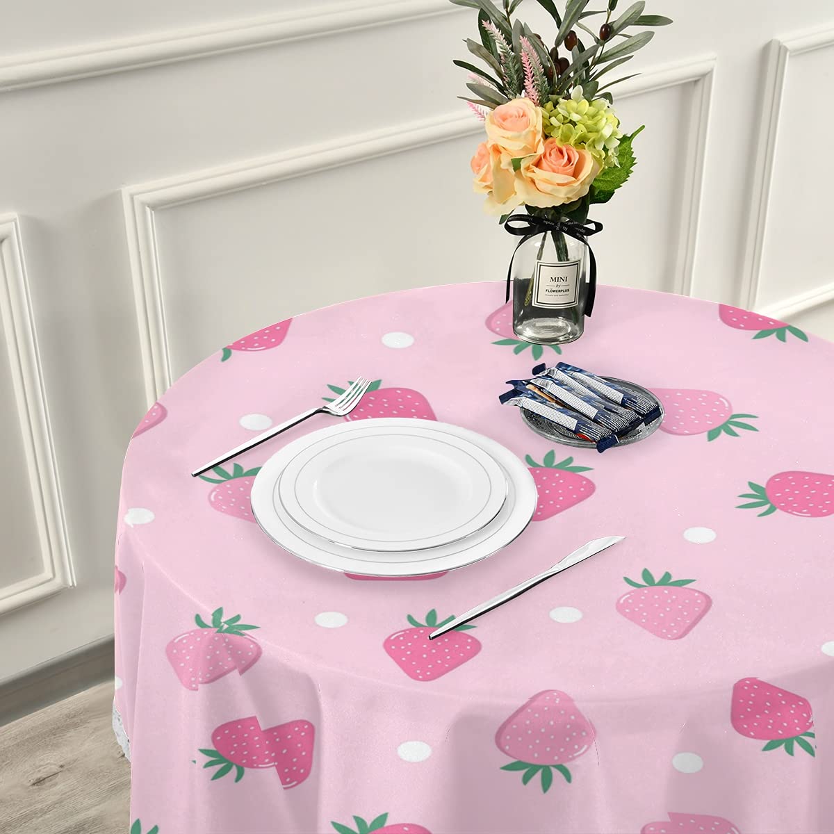 AUUXVA 60 Inch Round Tablecloth - Cute Pink Strawberry Dot Design, Wrinkle-Resistant Lace Table Cover for Kitchen, Patio, Birthday Party & Dining Room Decor | Perfect for Indoor & Outdoor Celebrations