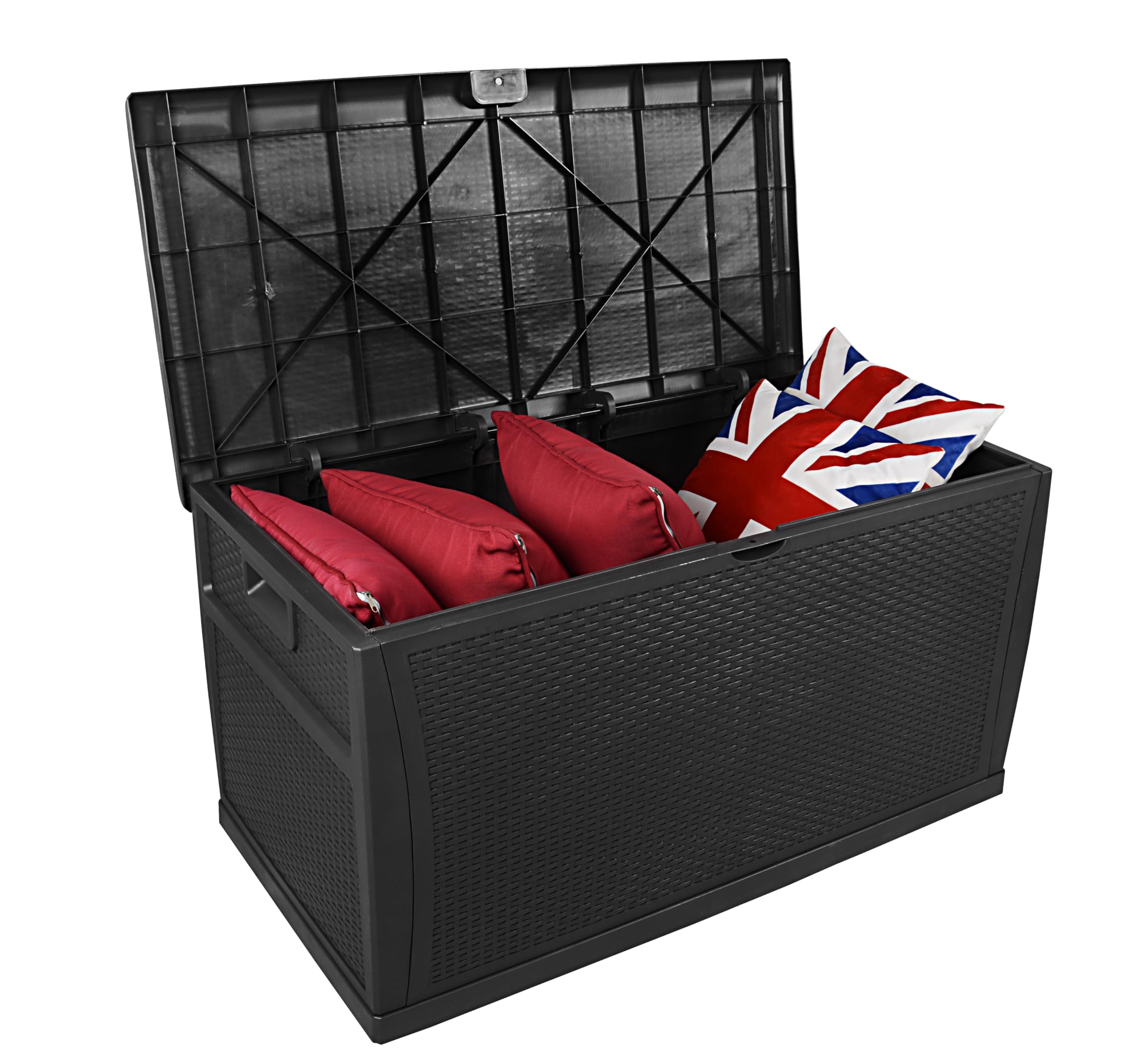 121 Gallon Outdoor Storage Box - Large Lockable Waterproof Deck Box for Patio Cushions, Garden Hoses & Pool Accessories - Durable Resin Rattan Plastic Design - Perfect for Backyard, Deck & Poolside Storage (Black)