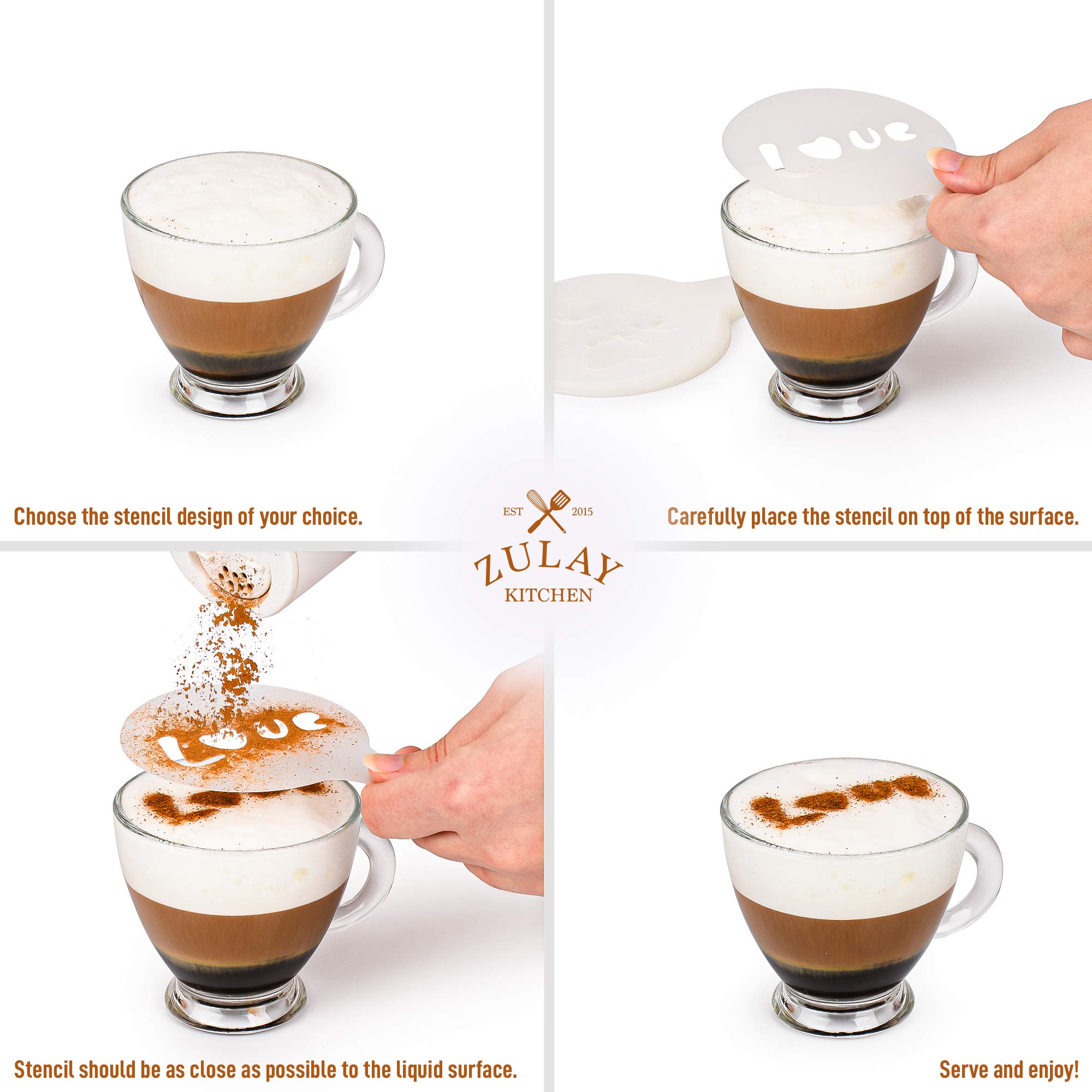 Zulay Kitchen 16-Piece Coffee Stencils Set for Latte Art - Professional Barista Tools for Latte, Cappuccino & Hot Chocolate - Reusable Plastic Decorative Stencils - Perfect for Home & Cafe Coffee Making - Great for Holidays, Parties & Gifts