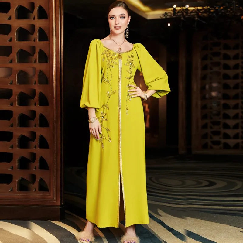 Elegant Hand-Stitched Rhinestone Beaded Caftan Dress for Women - Boho Chic Beach Cover Up, Evening Gown & Summer Party Wear