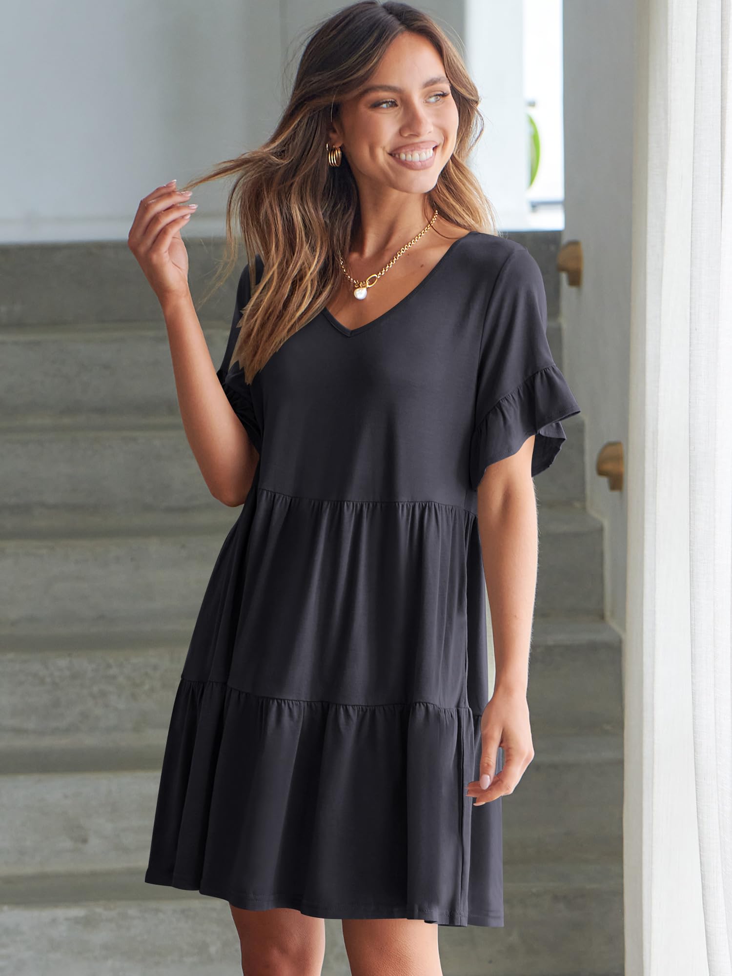 ANRABESS Women's Summer V-Neck Ruffle Sleeve A-Line Tiered Flowy Mini Dress with Pockets - Trendy Casual Beach Dress for Vacations, Parties & Date Nights